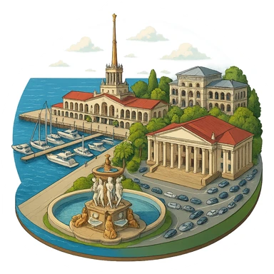 Изометричная, яркая, детализированная и фотореалистичная иллюстрация панорамы города Cочи на круглой подставке в стиле 3D-коллажей городов, здание Морского Порта, Зимний театр, Санаторий имени С. Орджоникидзе, море, причал, яхты чёткие линии, слегка мультяшная стилистика, прозрачный фон, не обрезать края картинки sticker