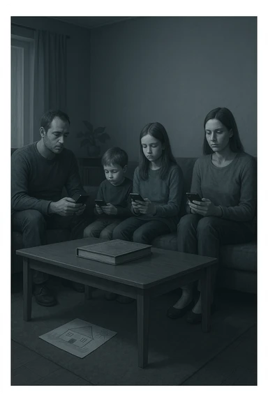 Famiglia composta da padre, madre e uno o due figli seduti nello stesso ambiente domestico (salotto o tavola da pranzo), ma ciascuno è assorto nei propri pensieri, con espressioni spente e distaccate. Nessuno si guarda o sorride. I colori dell’ambiente sono freddi e grigi, la luce è debole. Intorno a loro, simboli di disconnessione: telefoni in mano, TV accesa ma ignorata, silenzio. L’atmosfera è visivamente carente di calore emotivo. Nessun contatto fisico, postura rigida. Un dettaglio visivo come un album di foto chiuso sul tavolo o un disegno dei figli dimenticato sul pavimento accentua la mancanza di dolcezza e unione sticker