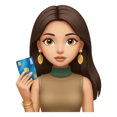 a pretty bratz fair indian girl wearing a beige sleeveless turtleneck, golden earrings, straight ling hair, holding bank cards, dark brown hair sticker