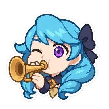chibi style emote of Gwen from League of Legends, just the head, right eye purple, playing a trumpet, cheeks puffed sticker