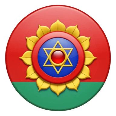 Drapeau avec deux parties coupés à l'horizontale partie du bas verte et celle du haut bleu, une roue des 16 chakra rouge est en plein centre c'est le drapeau de roms sticker