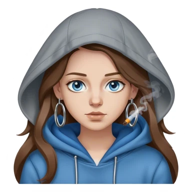 Long brown hair, blue eyes, grey hooded jumper, big silver hooped earrings, smoking sticker