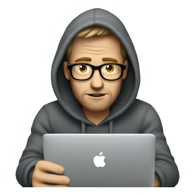 stressed out white guy with glasses wearing a hoodie drinking coffee and holding a macbook sticker
