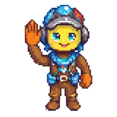 pixel art of a friendly developer mascot waving, with a background of code and UI elements sticker