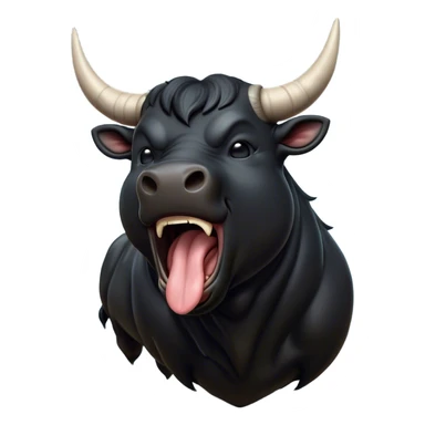 Cinematic Cute Yawning Black Bull Portrait Emoji, Head tilted slightly with a dramatic, wide-open yawn, showcasing a smooth, pure black hide with a subtle texture, floppy ears slightly drooping, round dark eyes barely open in drowsy contentment, Simplified yet irresistibly adorable features, highly detailed, glowing with a soft, cozy glow, high shine, relaxed yet expressive, stylized with a touch of rugged whimsy, bright and endearing, soft glowing outline, capturing the essence of a sleepy yet affectionate guardian, so drowsy it feels like it could charge right out of the screen and curl up for a nap! sticker