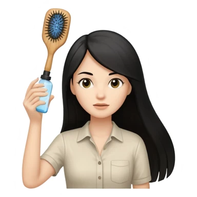 A white woman with long, straight black hair, wearing an ivory-colored shirt, holding a small square wooden paddle hairbrush in her left hand and spraying a hair mist bottle with her right hand toward her hair. sticker