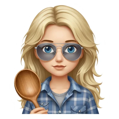 girl with long blond messy hair wearing grey plaid shirt with blue eyes and aviator sunglasses wearing a ring on her silver necklace, holding wooden spoon sticker