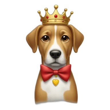 a dog with a crown in a suit with a red bow sticker