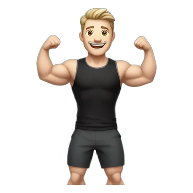 Joyful Celebrating victory Pale skinned Fit Man With the biceps and dark brown hair in black shirt, gray sports shorts and white Sneakers sticker