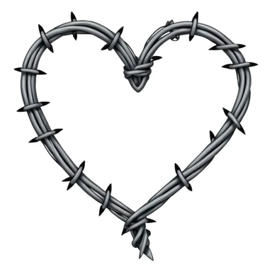 Minimal black line art heart made from barbed wire, hand-drawn sketch look, uneven ink strokes, 6–7 barbs with twisted knots, simple clean outline, centered on plain white background, high contrast sticker
