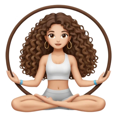 cute balayage brunette long hair curly/wavy haired girl, hoop earrings, clean girl makeup DOING a YOGA pose sticker