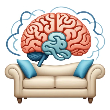 An icon featuring a brain, a couch, and a psychological test, symbolizing the study of psychology. The design includes abstract patterns representing the mind, with a calm, therapeutic setting in the background. Transparent background highlights the exploration of human behavior and mental health. sticker