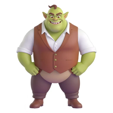 Shrek as a 3D character, green ogre, brown vest, white shirt, smiling, standing in a forest sticker