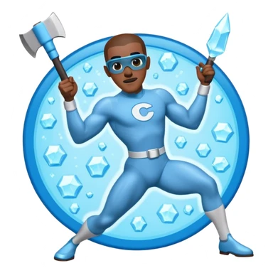 Frozone character in retro stickers style, dynamic pose, icy effects, bold outlines, vibrant colors he says "c'est carré dans l'axe" sticker