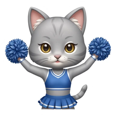 A cute chibi sleek grey cat cheerleader twirling pom-poms with confident energy. sticker