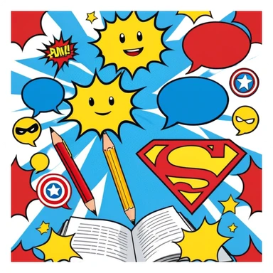 Create a vibrant and dynamic emoji representing comic books and graphic novels as an art form. The design should feature a comic book page with panels and speech bubbles, showcasing bold lines and vibrant colors. Include elements like a pencil or pen, as well as a superhero icon or an action scene to symbolize storytelling through visuals. Use bright, energetic colors like red, blue, and yellow to convey excitement and creativity. The overall design should feel playful, creative, and artistic. Make the background transparent. sticker