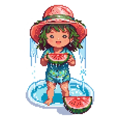 Change the river color to a vibrant turquoise, keeping the rest of the pixel art scene the same, with a cute kid in a sun hat eating watermelon by the riverside, splashing water, sparkles, and a refreshing breeze. sticker