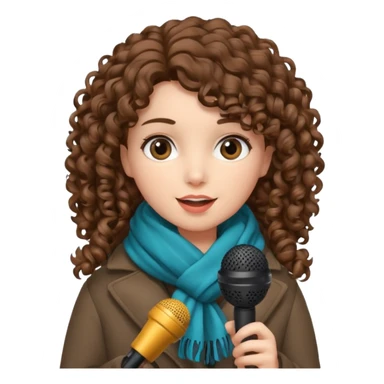 curly haired woman with winter clothes holding microphone sticker