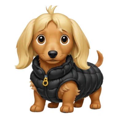 Long hair blonde Daschund dog in huge black puffer  sticker
