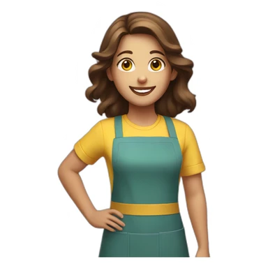 girl with brown hair, smiling, in a yellow apron sticker