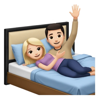 A bed with a girl laying down south and a man putting his hand up. sticker