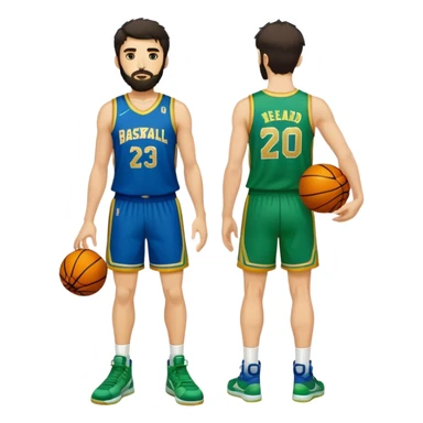 Full Body  white male basketball player with short shaggy dark hair and gold tee beard wearing blue and green uniform sticker