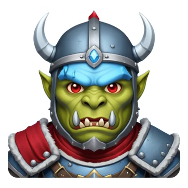 Fantasy Christmas orc legion soldier icon, iron tundra army theme, heavy winter armor, disciplined brutal look, dark icy steel armor with bold crimson cloth and markings, cold blue shadows, high contrast, clean emoji portrait style
 sticker