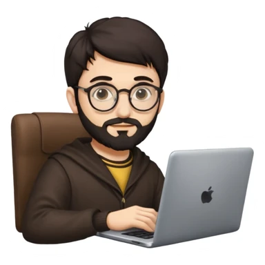 23 year old Azerbaijani man with very dark brown hair and beard with glasses and laptop , light yellow skin face, not European, glasses like a harry potter sticker