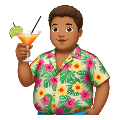 chubby guy full figure in a flowered hawai shirt holding a cocktail sticker