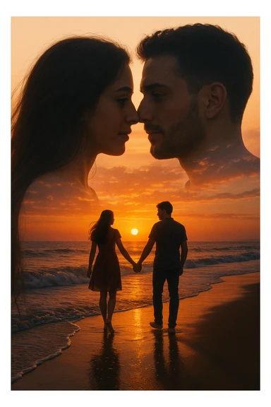 Una doppia esposizione cinematografica di noi di profilo, con un paesaggio di spiaggia al tramonto integrato nella silhouette.
La scena interna ci mostra entrambi camminare sulla sabbia bagnata, tenendoci per mano, con le onde del mare che si infrangono è facile e un cielo colorato dagli ultimi raggi di sole. Atmosfera calda e intima, toni dorati arancioni, dettagli fini ed espressivi, risoluzione 8K. sticker