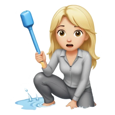 simple blond woman kneeling, surprised, big cartoon stick with D-shaped knob emerging from hanging pants, water splash into her mouth sticker