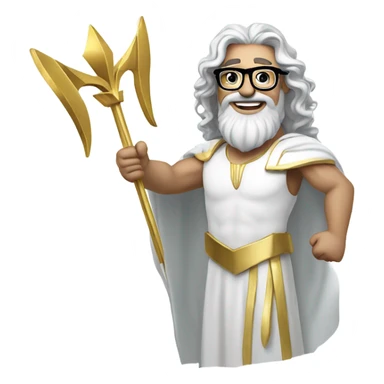 white Poseidon with gold Trident and nerd glasses. long hair white dress. smile . wink. pointing us sticker