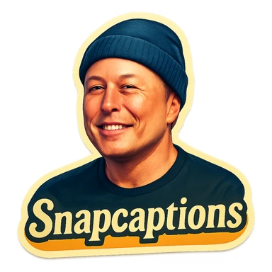 sticker of Elon Musk wearing a beanie cap with the name 'Snapcaptions', retro sticker style, colorful and energetic sticker