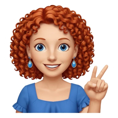 una profesora mayor simpática con el pelo rojo rizado, ojos azules, vestido azul y pendientes azules hablando sonriendo feliz indicando con un dedo sticker