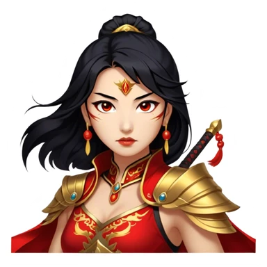 Cinematic Stunning Mulan Portrait Emoji, Fierce yet graceful, flowing raven-black hair, piercing brown eyes filled with determination, adorned in regal red and gold warrior attire, glowing with the strength and beauty of a true heroine, an elegant warrior in her prime! sticker