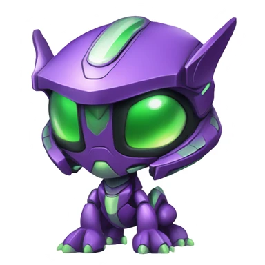 a chibi-style purple-green Genesect-Raptor-Fakémon—hybrid with a futuristic visor-helmet full body sticker
