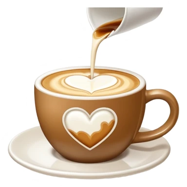 a flat white coffee without a face in a clean white coffee mug having  poured heart with latte on top sticker