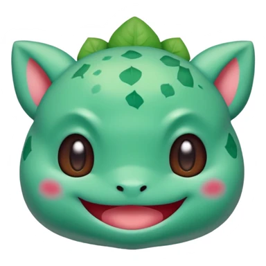 cute Bulbasaur Pokémon, rednote emoji style, soft rounded face, blushing cheeks, big smile, green and teal colors sticker