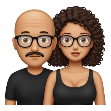 A picture of a tanned couple. the man is a Mexican man with tanned skin, with a bald hair cut, short beard and wearing a black shirt, no glasses. the woman is wearing rectangle shaped glasses, with long curly dark brown hair and with big boobs  sticker