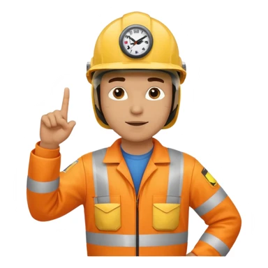 a guy wearing safety outfit with helmet standing and pointing finger to 3 oclock direction sticker