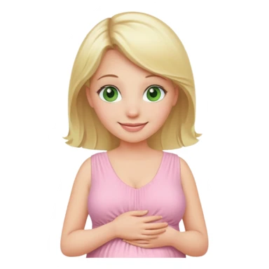 blond pregnant woman smiling in pink pale dress with green eyes sticker