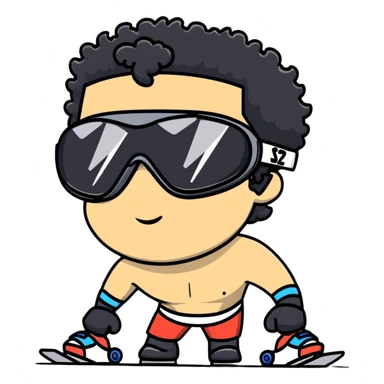 shirtless male athlete with white skin and moderately curly black hair on top with shaved sides, wearing black ski goggles with very dark heavily tinted black lenses that completely hide the eyes, and a simple plain black chain necklace, no earrings sticker