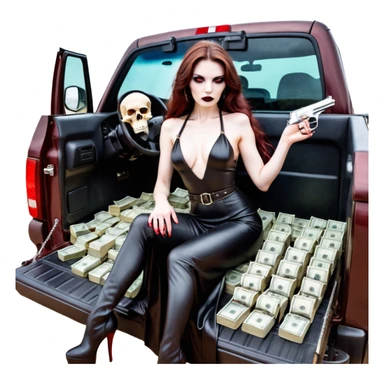 Lilith red eye seductress evil long brown haired sexy succubus woman with leather long seductive dress on, sitting in Big Large F350 pickup truck. Wearing super tall black platform high heels, Back seat full of stacks of cash, she is  Holding a human skull of her enemies and a gun in other hand sticker