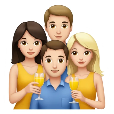 Group of friends 2 brunettes 2 blondes, one guy holding mimosa sticker