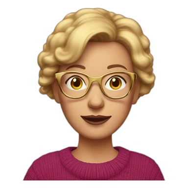 45-year-old Dutch white woman with bordeaux colored short hair, pink sweater and gold glasses sticker
