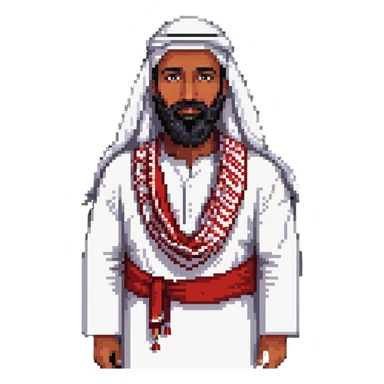 Saudi man with sharp features, wide beard, wearing white thobe and red shemagh, friendly expression, pixel art style sticker