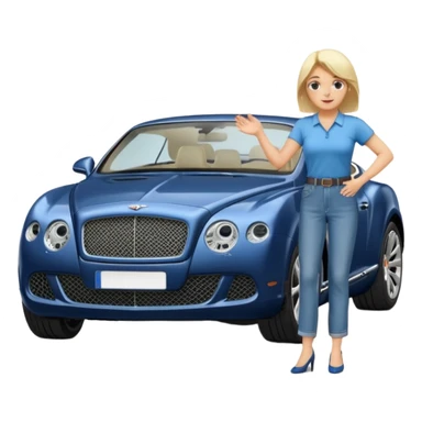 A fatter old blond lady in blue jeans washing a black Bentley car. show the full car and the lady next to it. show the face smaller and the person standing beside it sticker