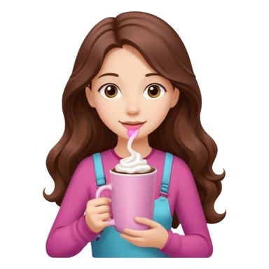 menina branca com cabelos castanhos longos ondulados com xícara rosa na frente com chocolate quente, com blusa de alça fina sticker