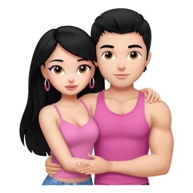 a pretty bratz fair girl. black hair, wearing a pink cami top, she is hugging a handsome fair guy with black hair. lean but muscular.the boy is wearing a black tshirt sticker