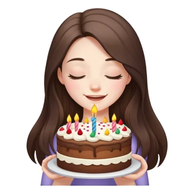 happy beautiful pale brunette girl with long eyes closed hair holding a piece of birthday cake  sticker